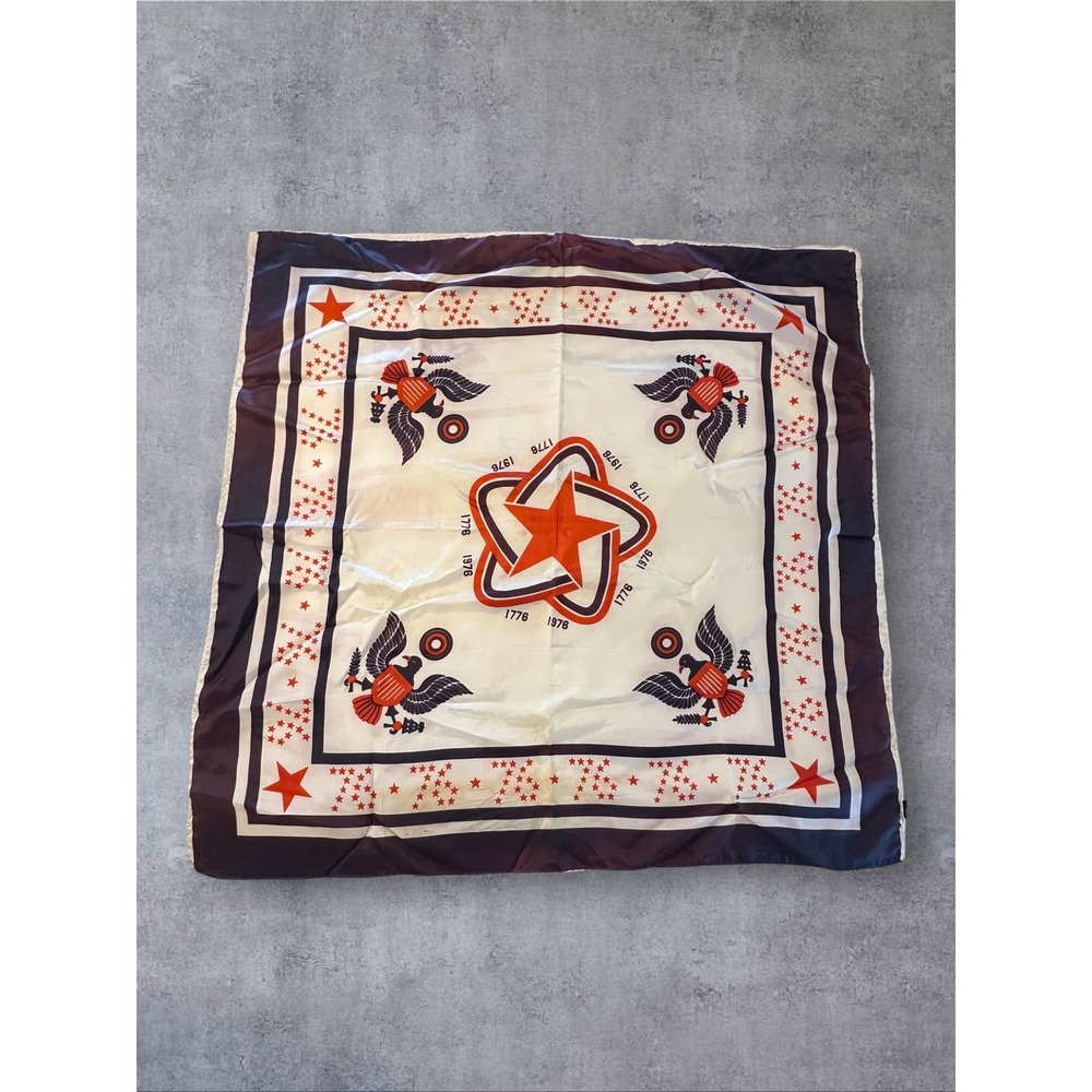Silk-Feel Star & Eagle Print Square Scarf in Cream and Orange